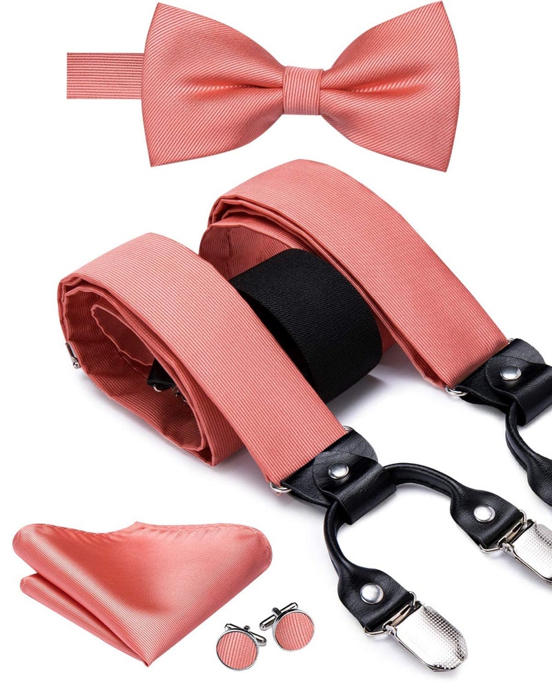 Dubulle Mens Coral Suspenders and Pre tied Bow Tie with 6 Clips Pocket Square Y Shape Adjustable Braces - Image 1